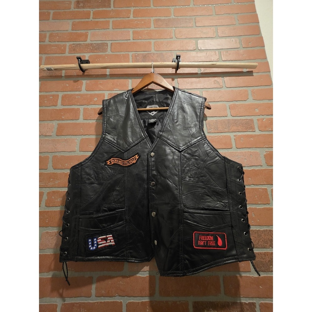 Diamond Plate Buffalo Leather Biker Motorcycle Vest Large  Patches.        Sku 3 - Picture 2 of 14